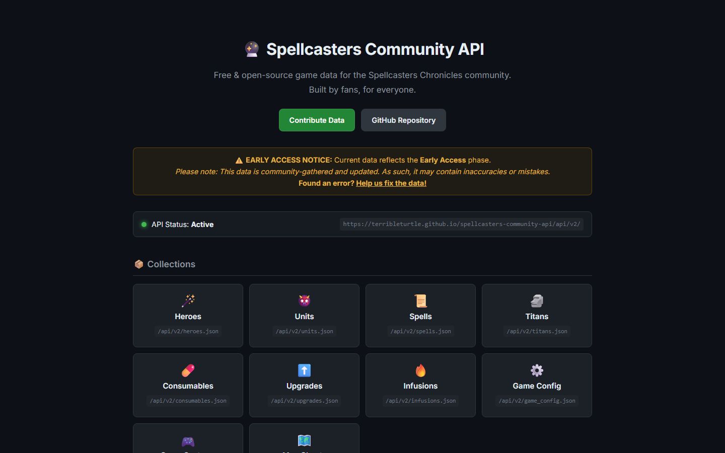 The Spellcasters Community API documentation page: endpoints and data collections for Spellcasters Chronicles.