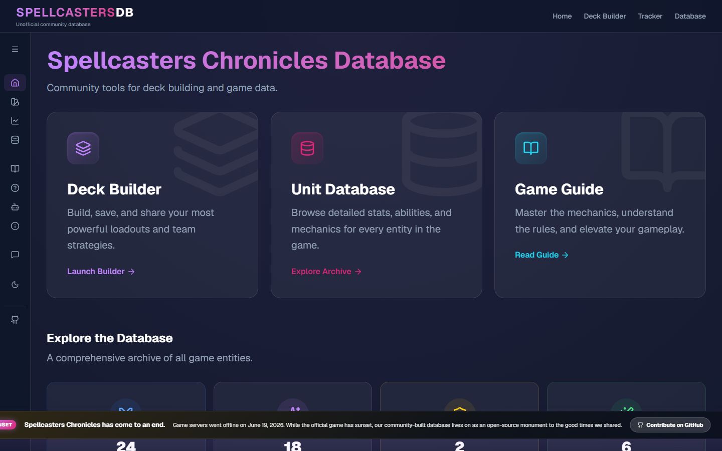 The SpellcastersDB home page: a "Spellcasters Chronicles Database" heading above cards for the Deck Builder, Unit Database and Game Guide.